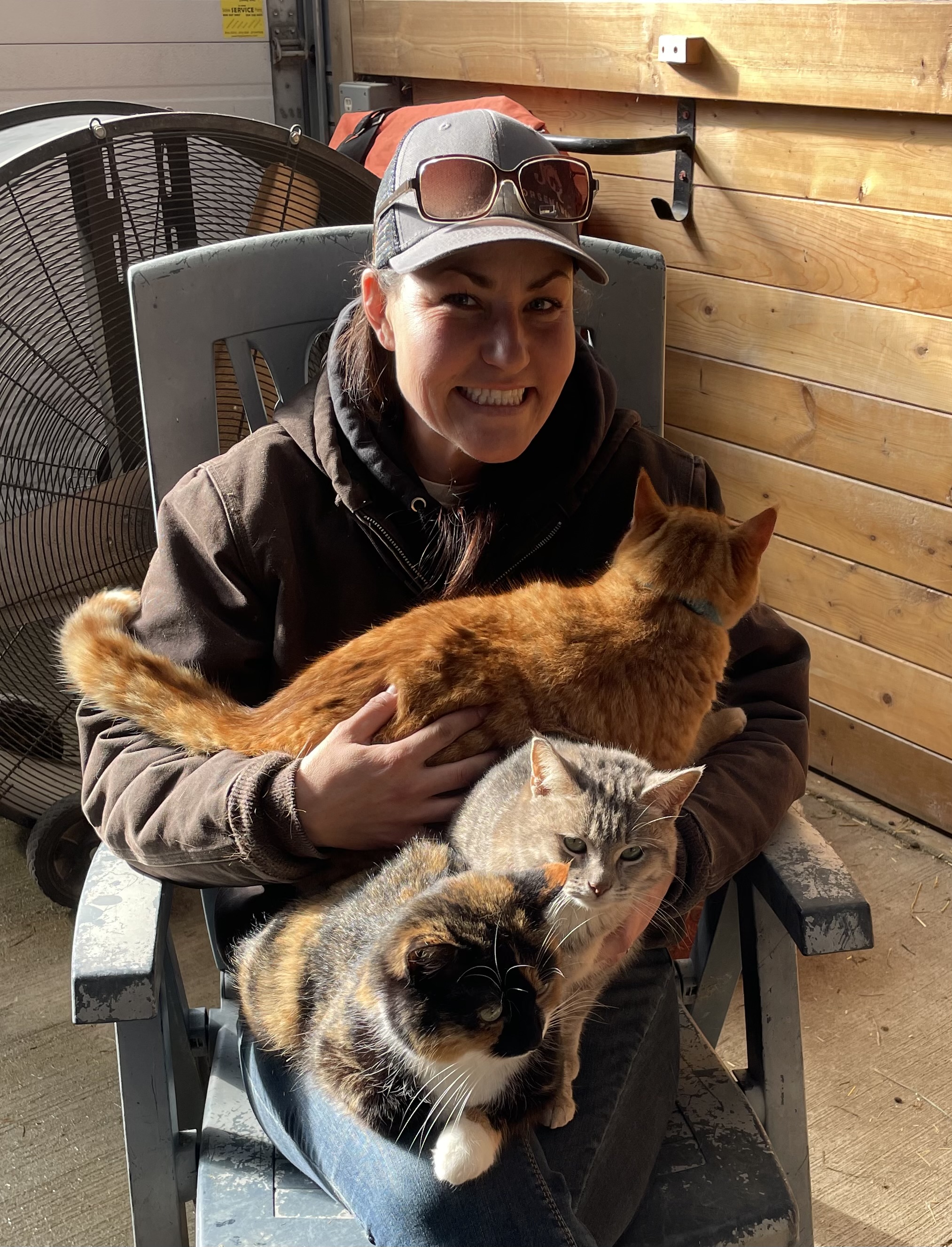 Cats sitting on a student of massage and bodywork. 