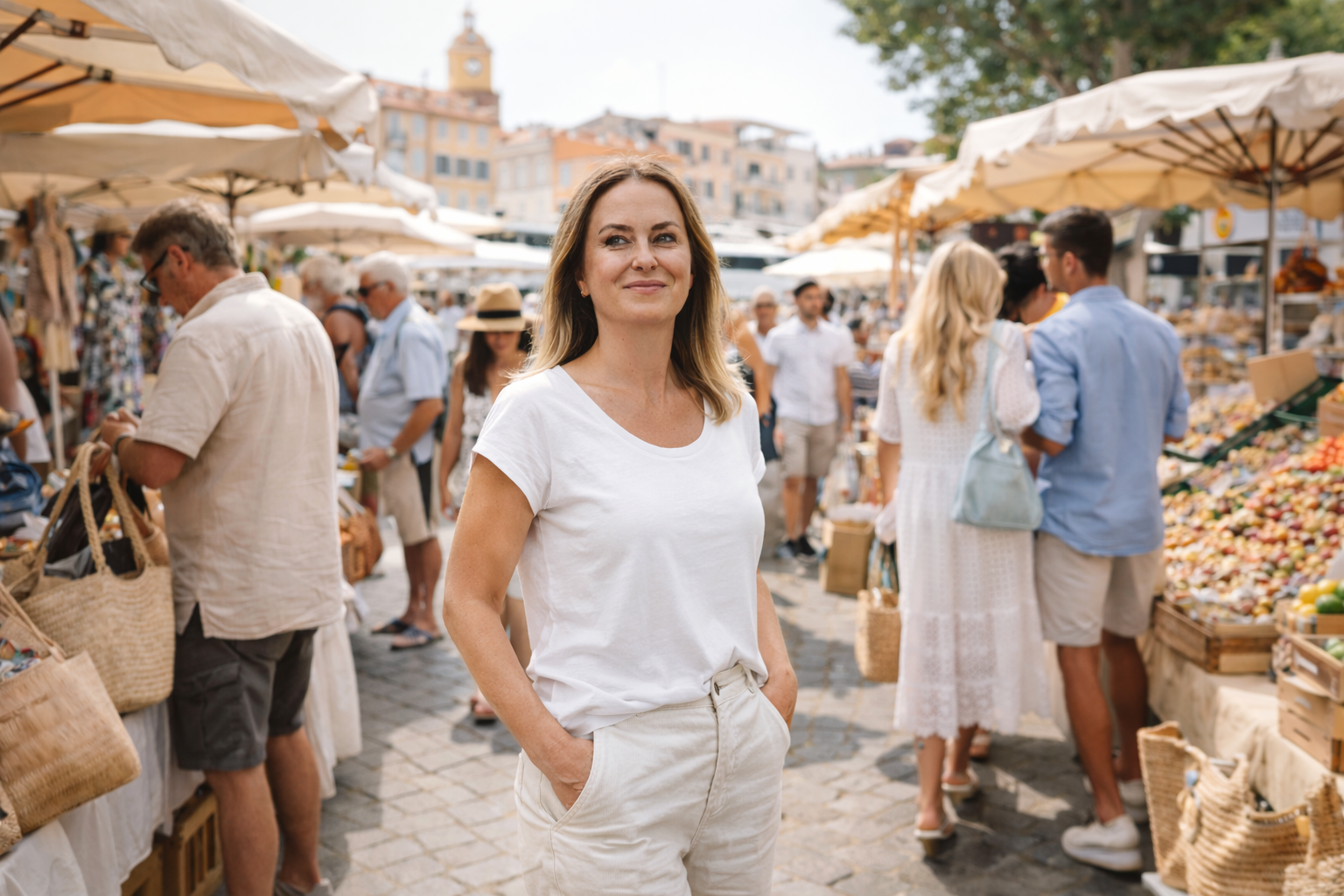 charlotte op de markt, klaar om aankopen te doen ,zoals op de beleggersmarkt