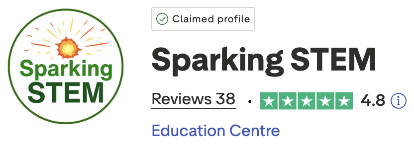 Sparking STEM logo with Trustpilot review summary showing a five star rating with a Trustpilot score of 4.8 / 5 from 38 reviews