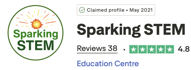 Sparking STEM logo with Truspilot review summary showing 5 full stars from 38 reviews