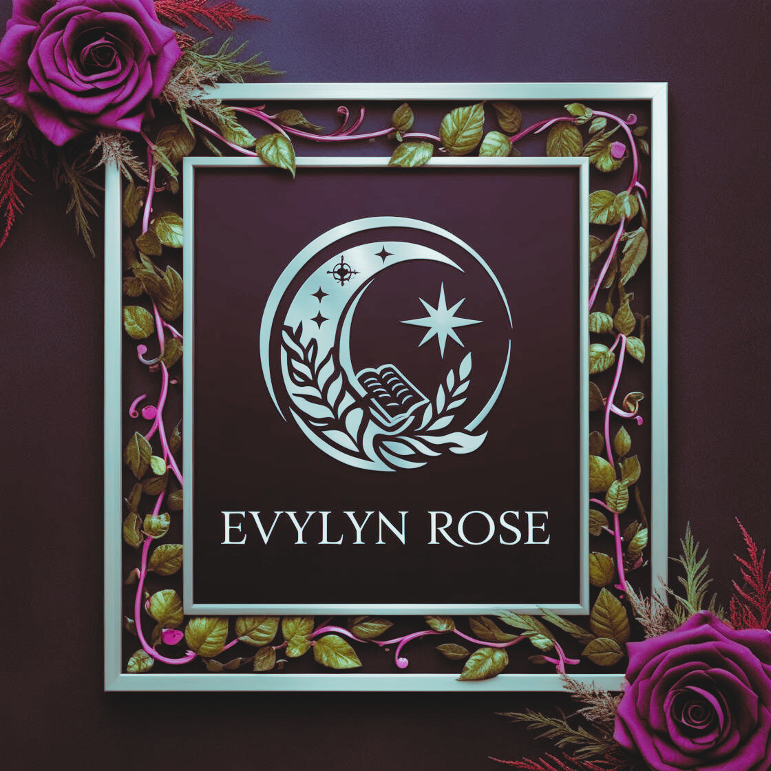 Evylyn Rose LLC brand logo depicting roses and vines around an image of a crescent moon and star encircled with an open book and wheat decorating the moon