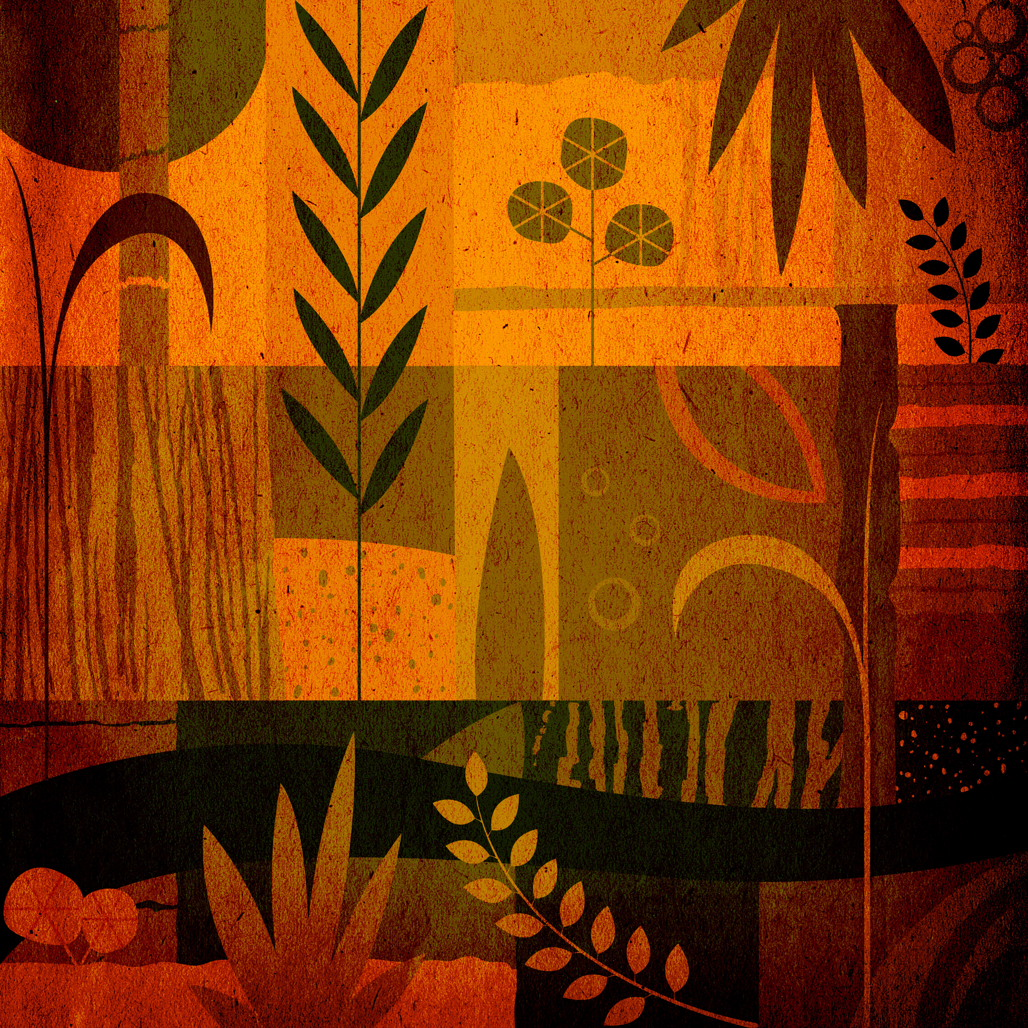 stock photo abstract art depicting various resources in the form of plants in multiple shades of orange, green, and black hues