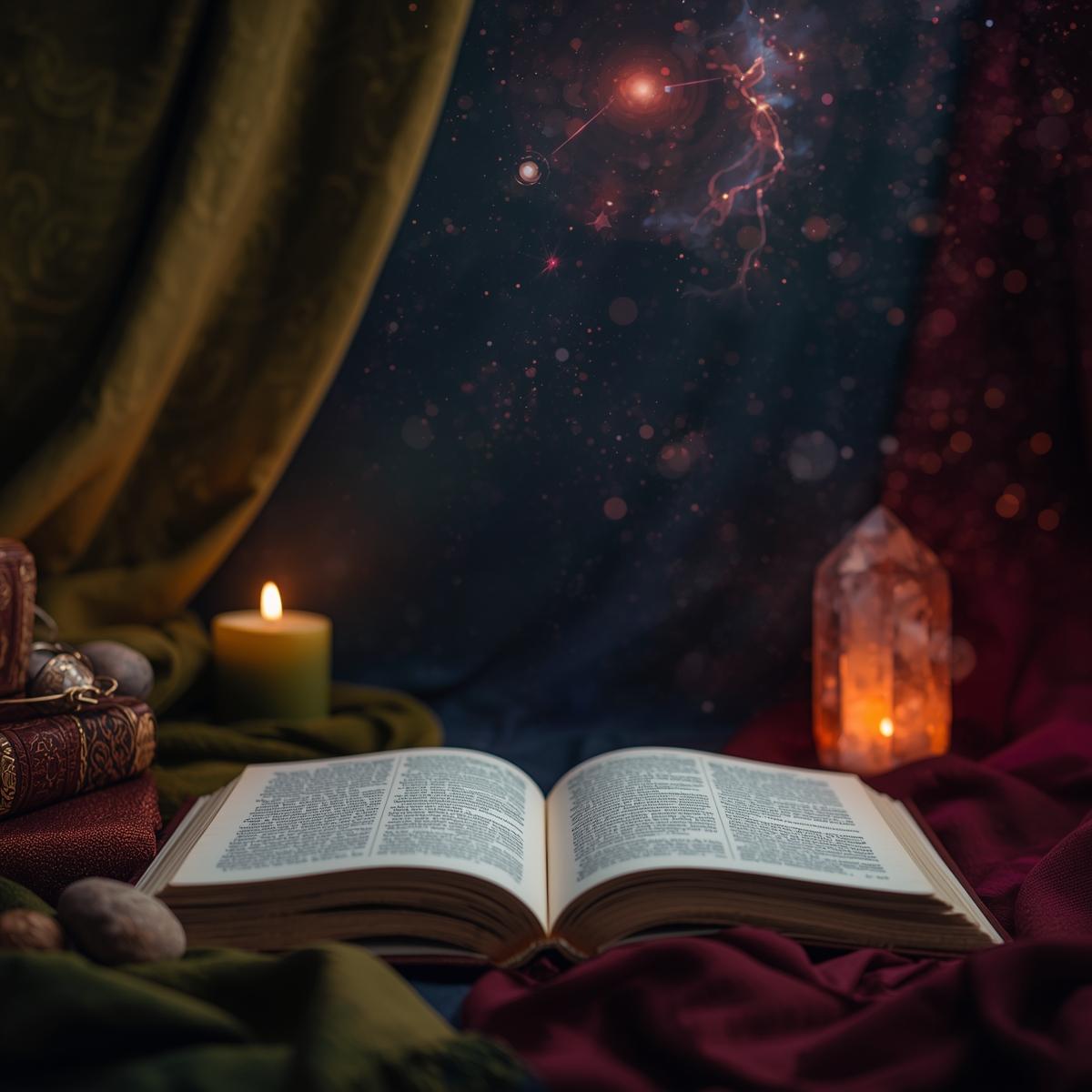  an open book; crystals and a candle are nearby