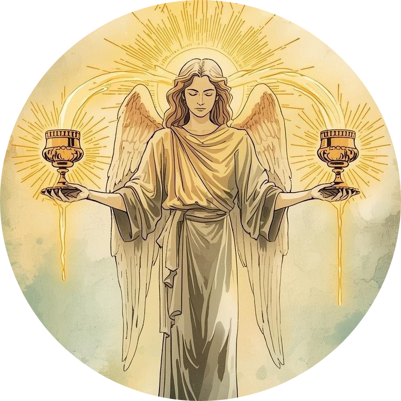 cropped AI-generated image of the angel from The Temperance card in Tarot; this rendering depicts the angel holding two chalices to either side with streams from each moving between the chalice and the angel's head, suggesting that balance comes from both intake and external use of information