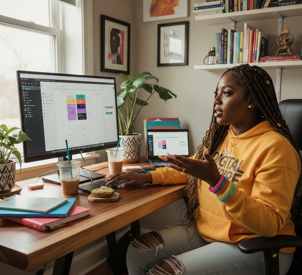 A Digital Product Creator in front of her computer working.