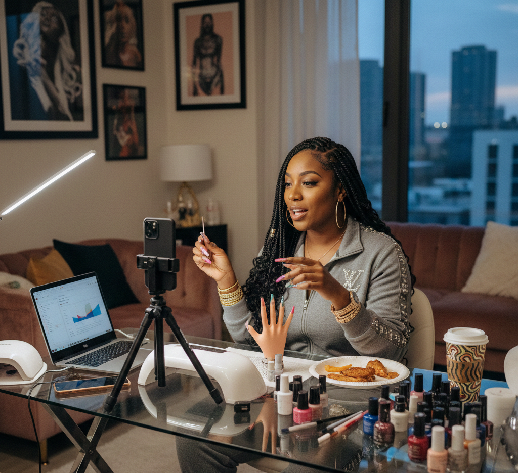 A Nail Tech filming her course in her living room.