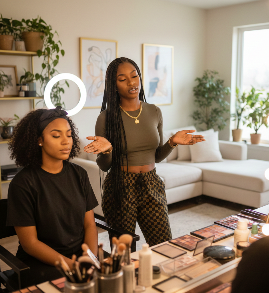 A Makeup Artist training her student.
