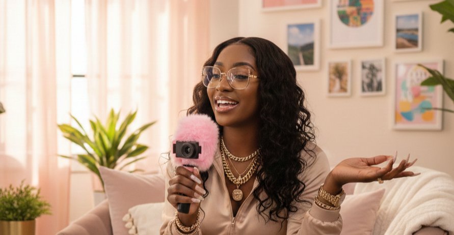 A YouTube Content Creator filming herself in her room.