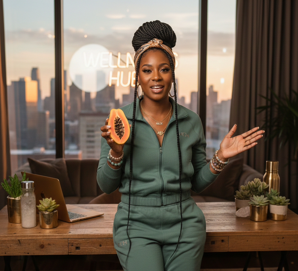 Wellness coach leaning on a desk holding a papaya testimonial