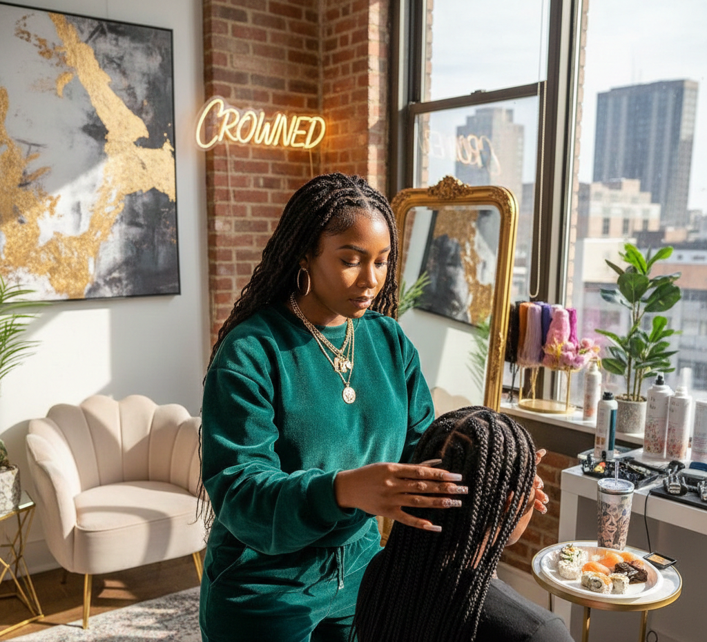 A Hair Braider working on a clients hair.