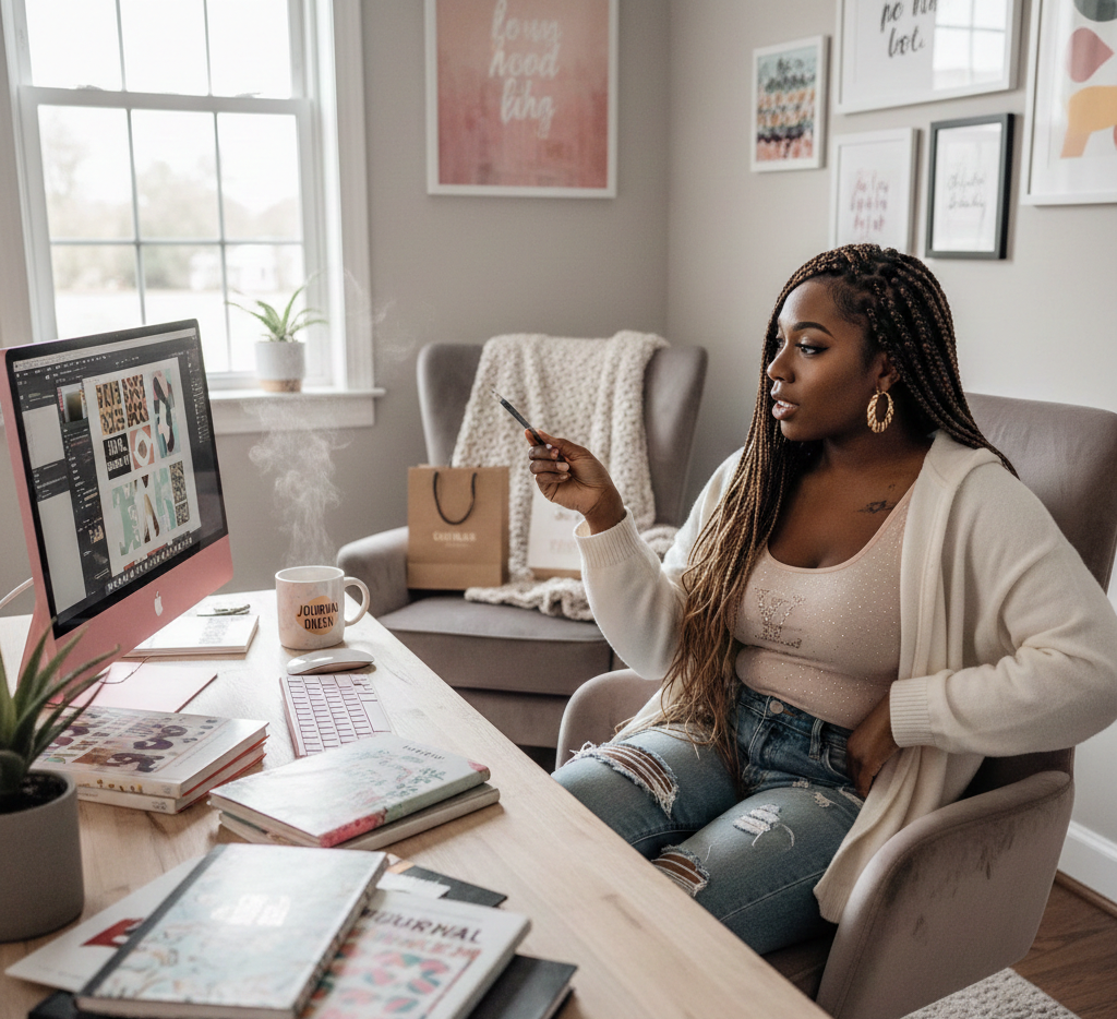 A Journal Creator working through journal creation at her desk.