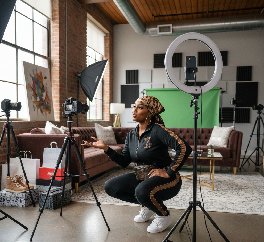 A Content Creator filming herself with professional cameras in her creative space.