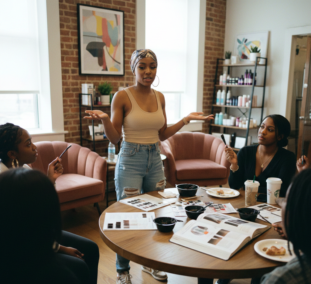 A Cosmetologist teaching a class of students.