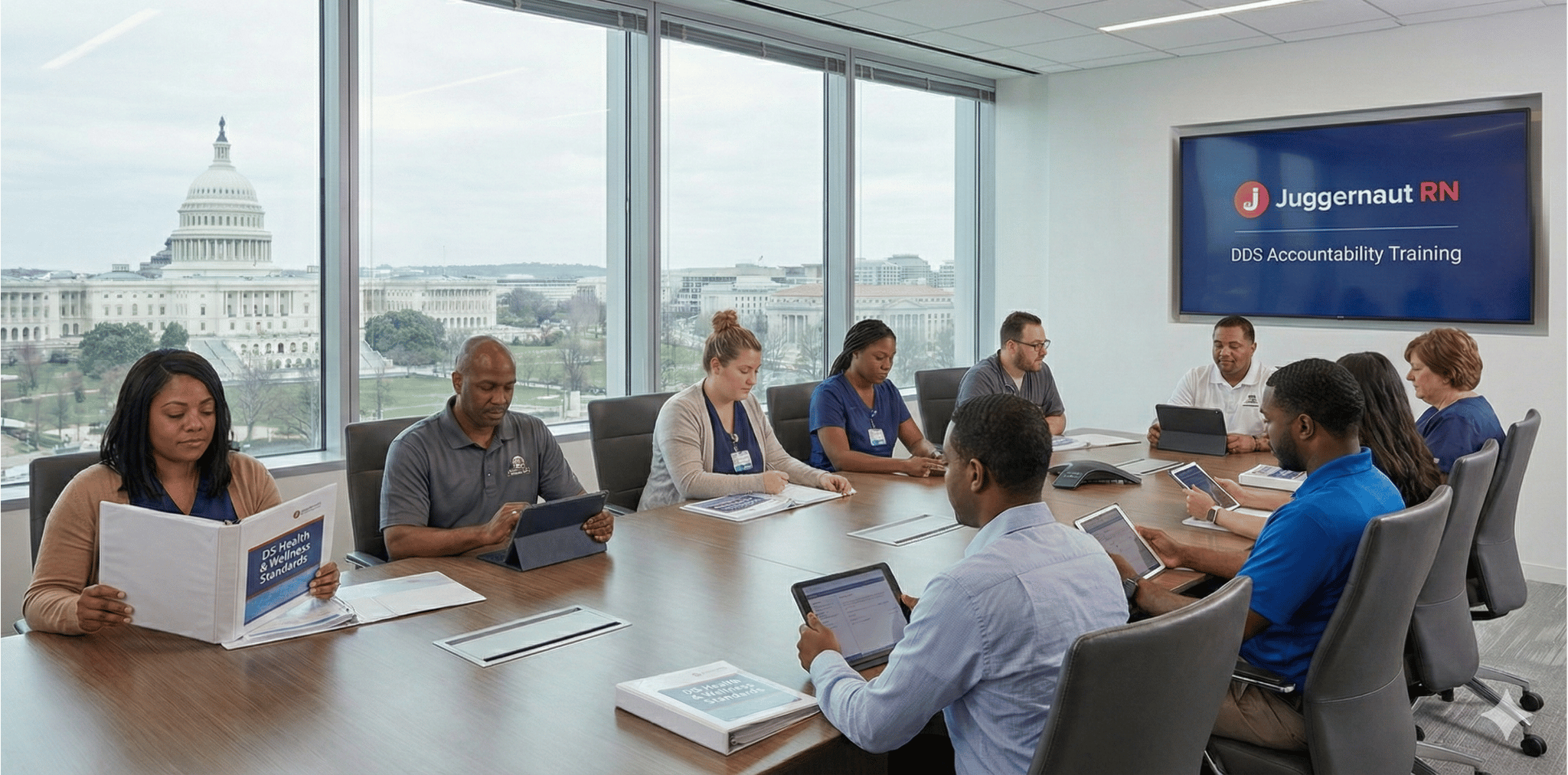 Diverse group of Direct Support Professionals (DSPs) and staff reviewing DC Health & Wellness standards and DDS protocols during a training session.