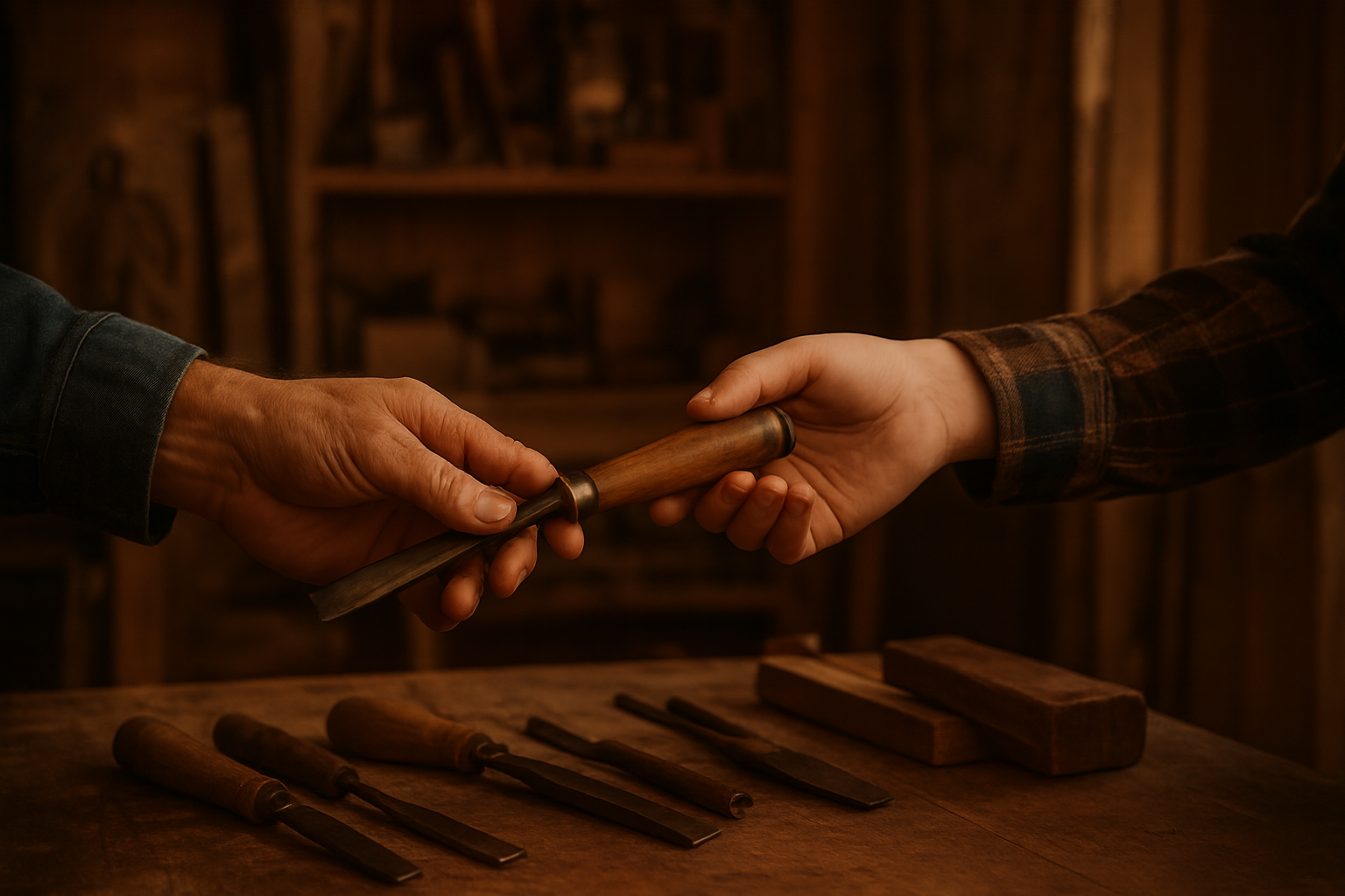 Older man's hand giving tool to younger man's hand