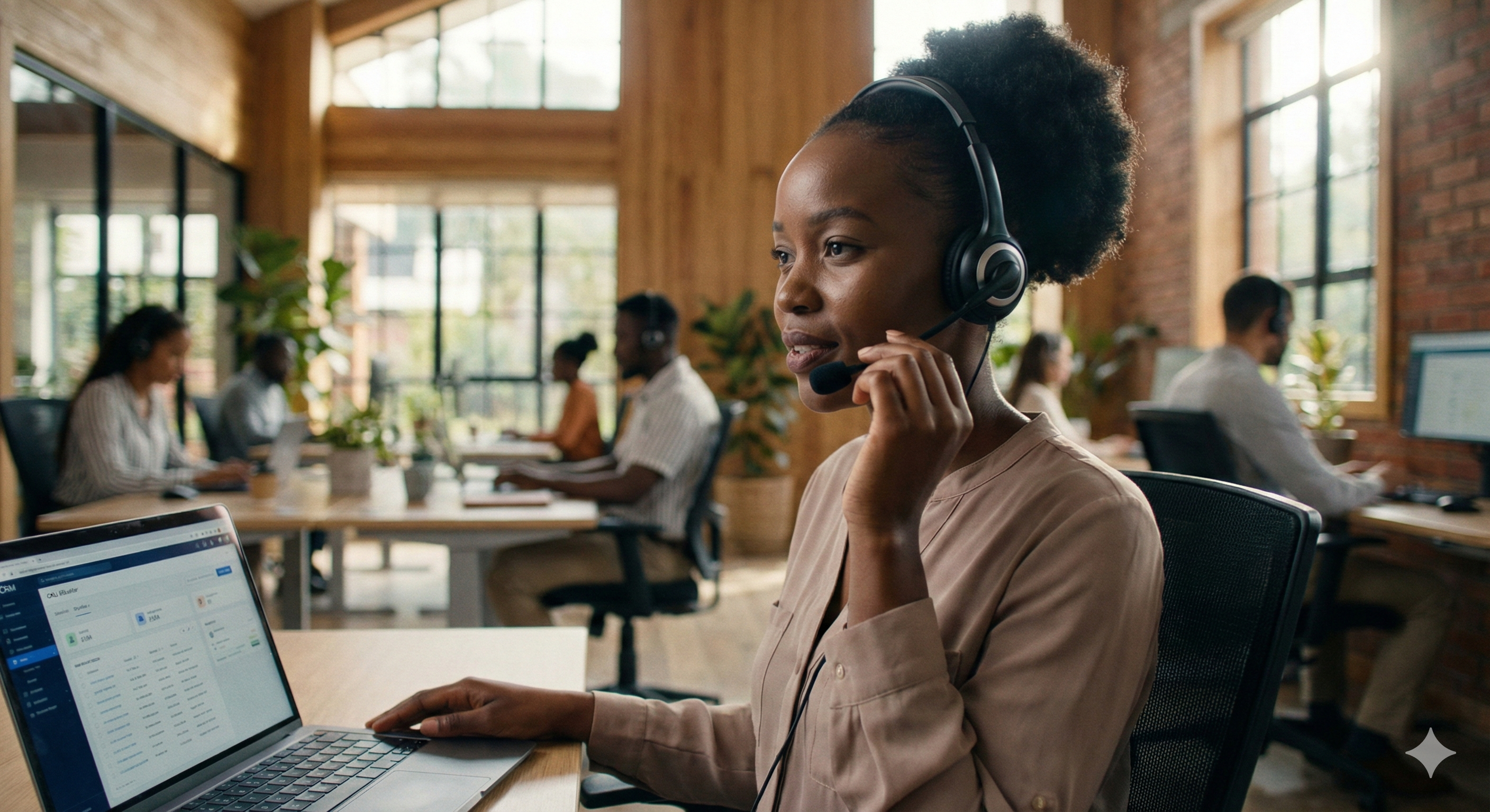 Photorealistic wide hero image of a small BPO training room in South Africa: 3–5 learners at desks with headsets and laptops, facilitator in the background, whiteboard with blurred notes, focused atmosphere. Neutral colours, clean modern space, no logos, no readable text.