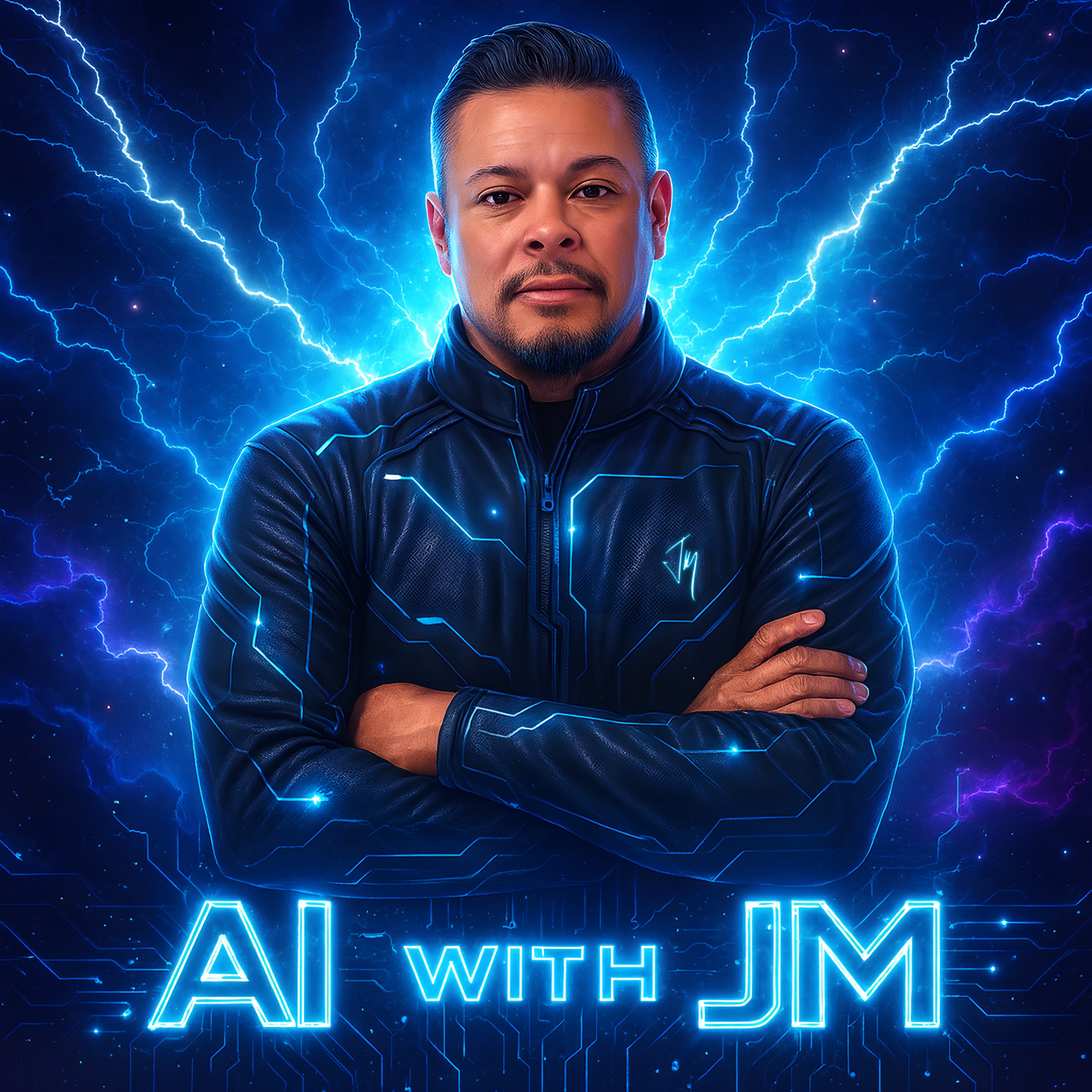 John Michael Castillo in the AI with JM jacket and blue lightning background.