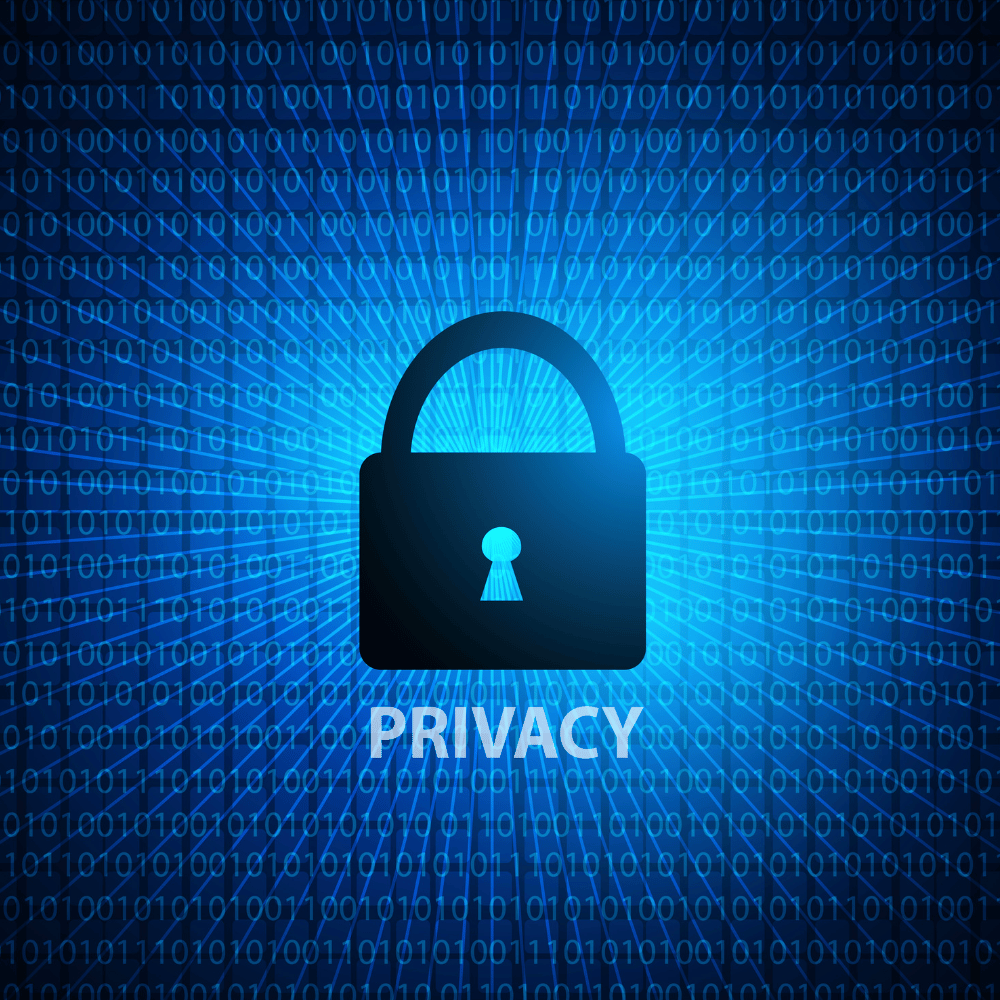 Blue lock with blue binary code background depicting Privacy