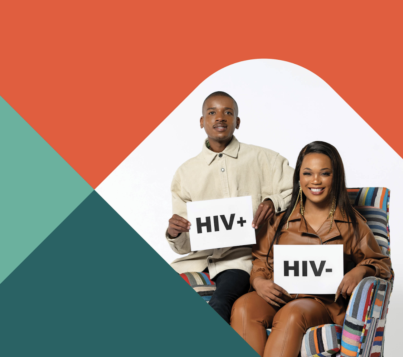 Two people sitting on a couch with signs that show their HIV status. One says HIV+ and the other HIV-.