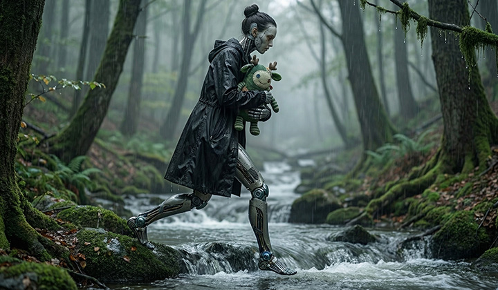 an android holding a stuffed animal crossing a stream