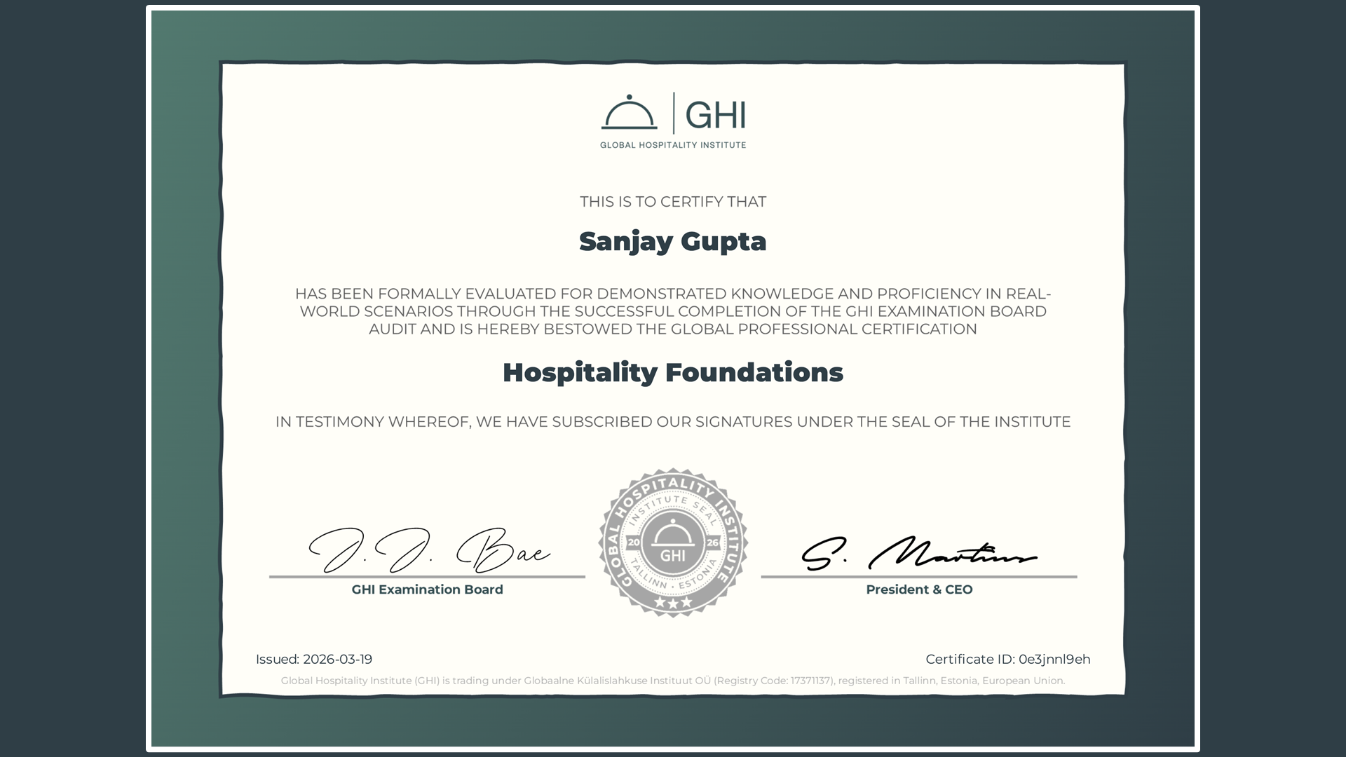 Hospitality course certificate of completion example