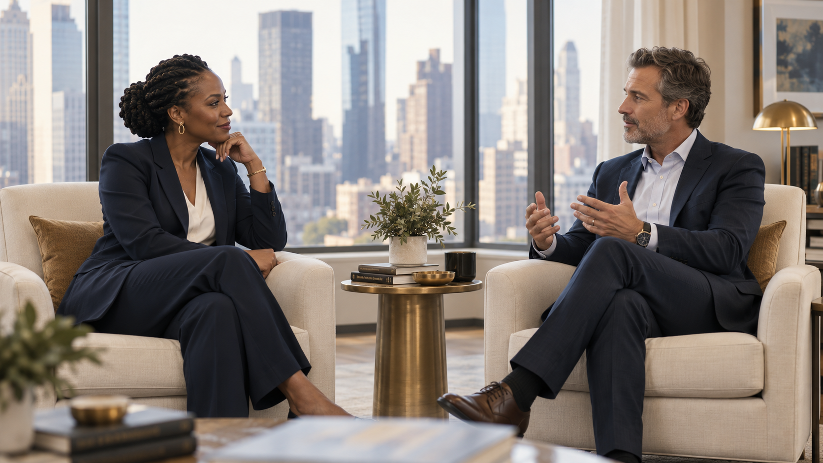 Two accomplished professionals engaged in a balanced conversation about organizational fit