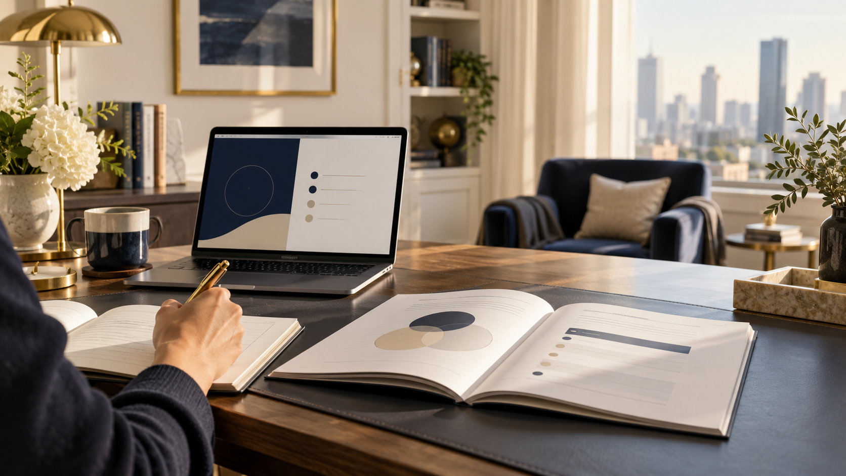 Executive learning independently with a laptop, workbook, and reflection notes