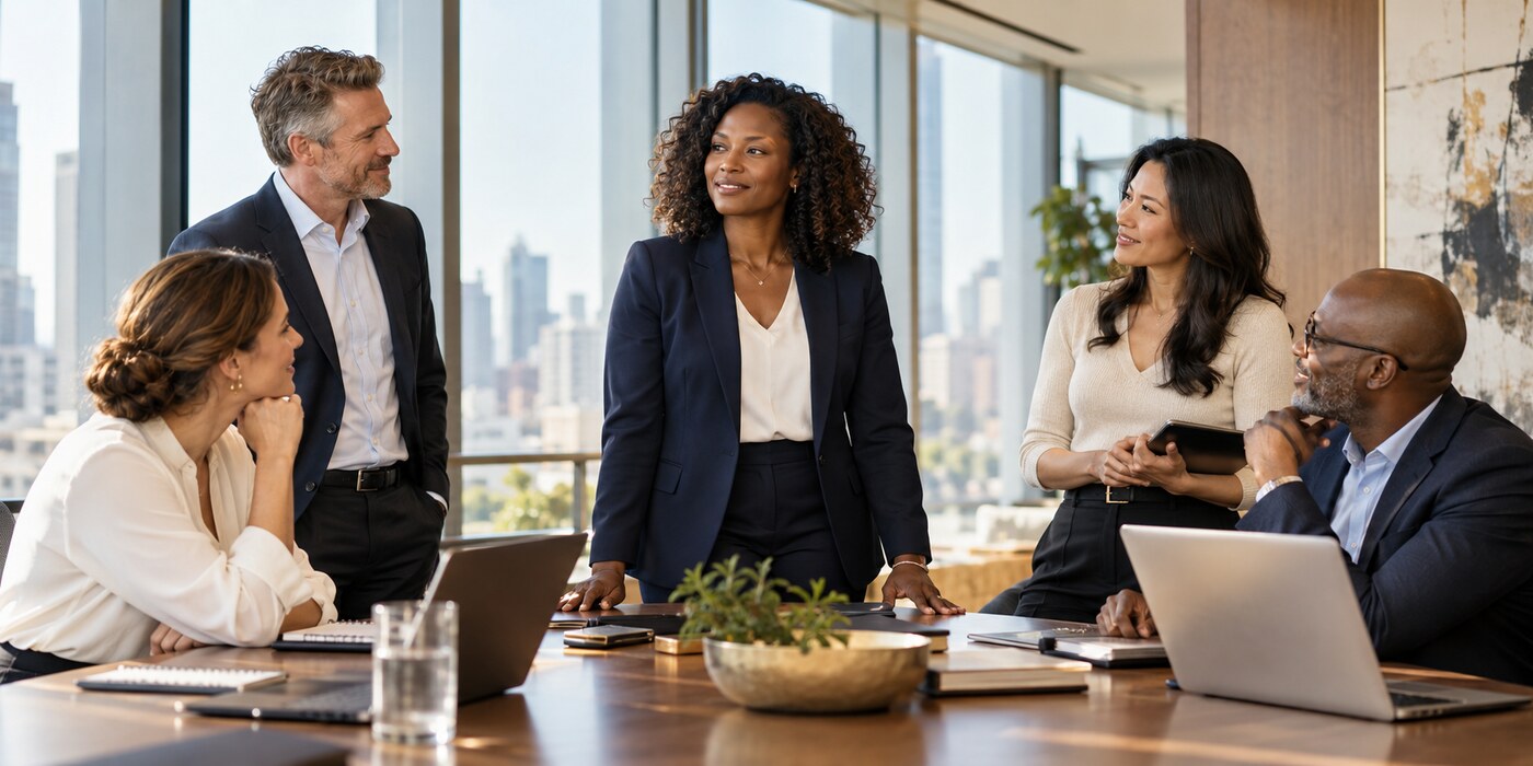 Accomplished professional standing with calm confidence among respected peers