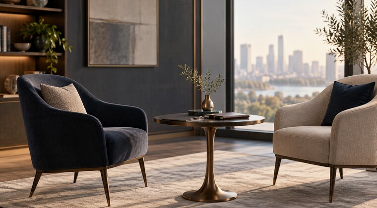 Refined executive interview setting with navy and cream chairs, a portfolio, and a city skyline