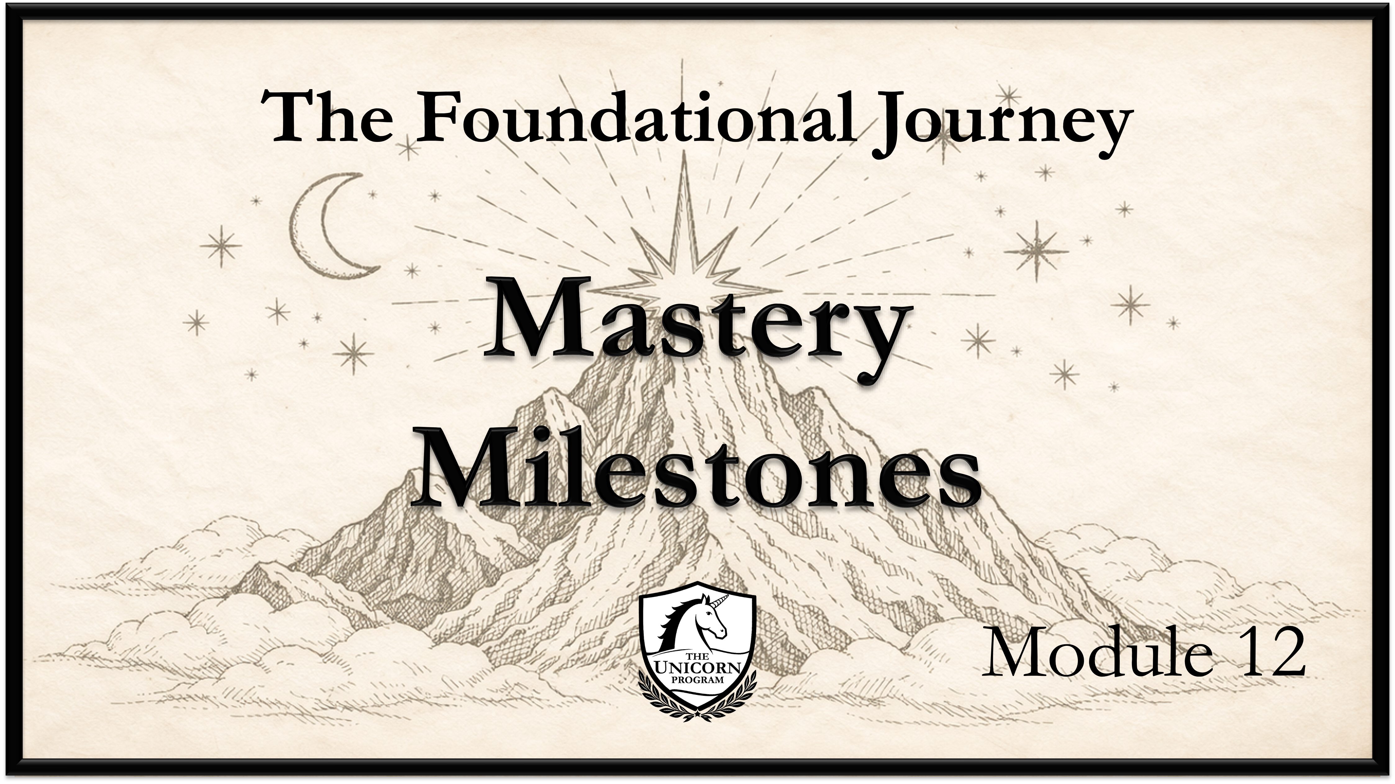 Mastery Milestone mountain with clouds below, the moon above and left of the summit, the star shine behind the peak and stars around the top.