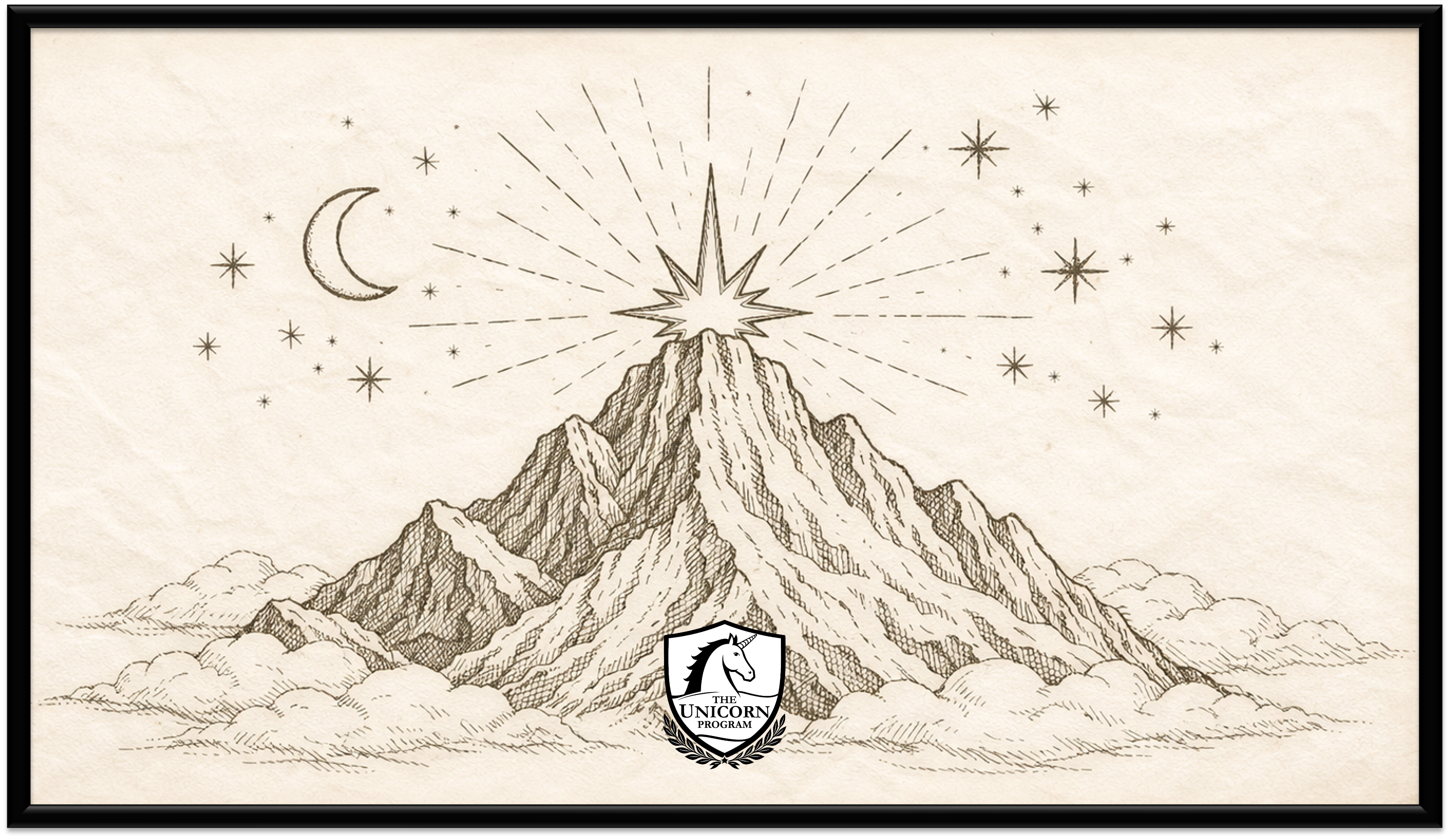 Mastery Milestone mountain with clouds below, the moon above and left of the summit, the star shine behind the peak and stars around the top.