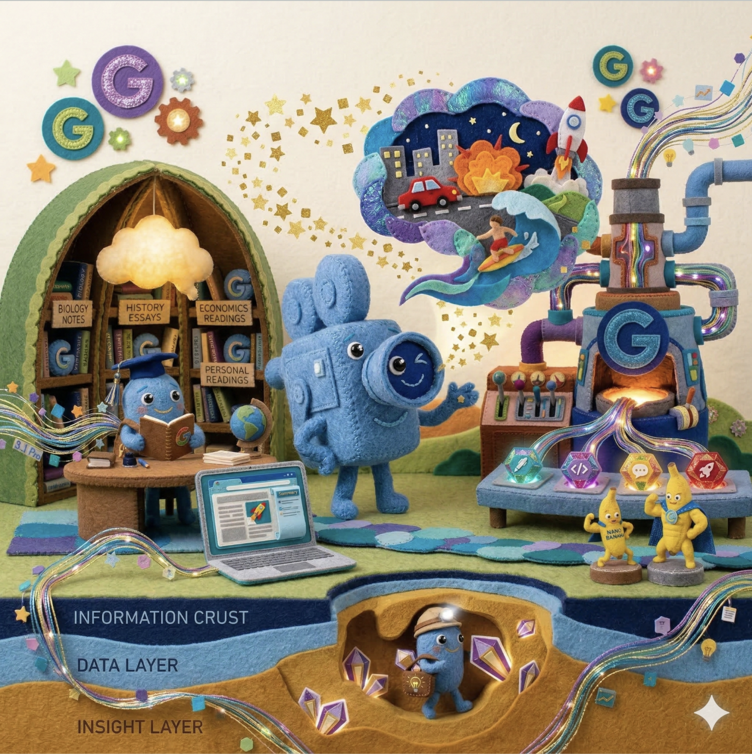 Gemini Workshop image showing a scene made of felt that previews the sections of this online course