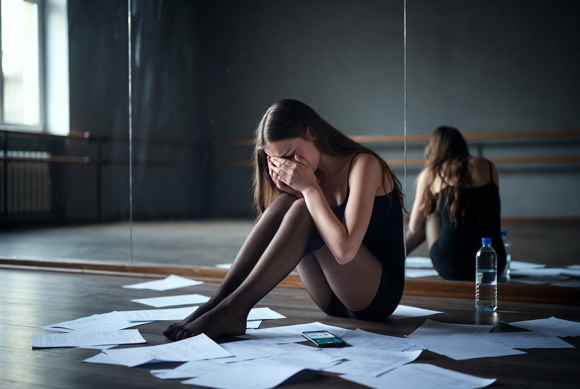 Young female dancer in despair sits on the studio