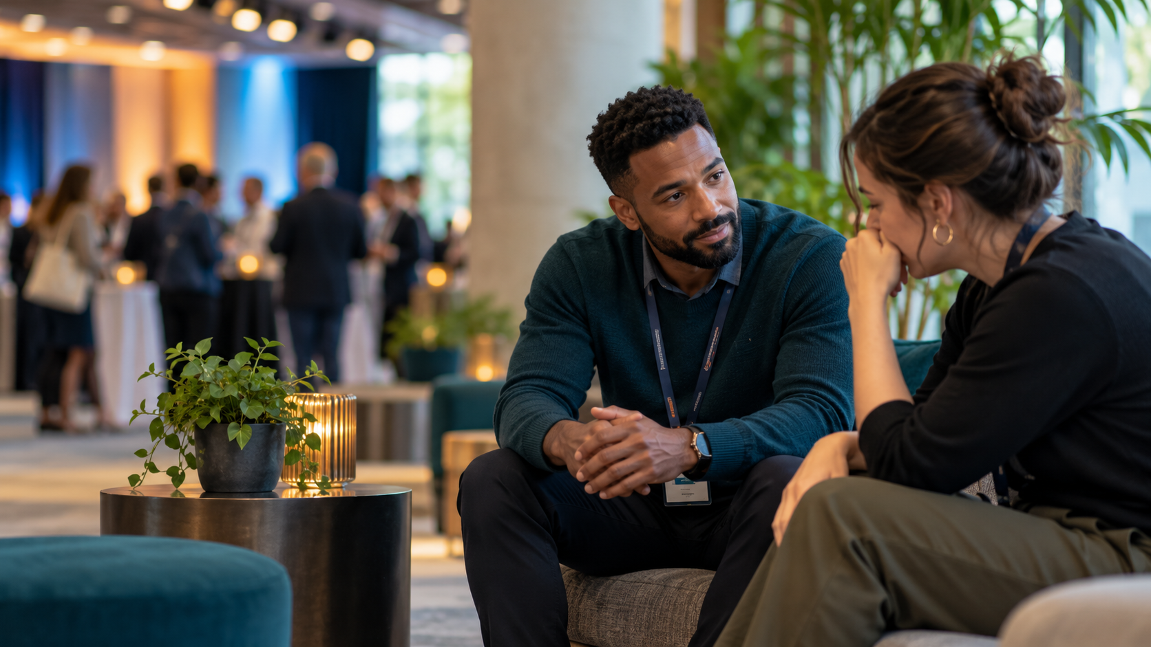 An event professional listening calmly to a colleague in a quiet area of a conference venue