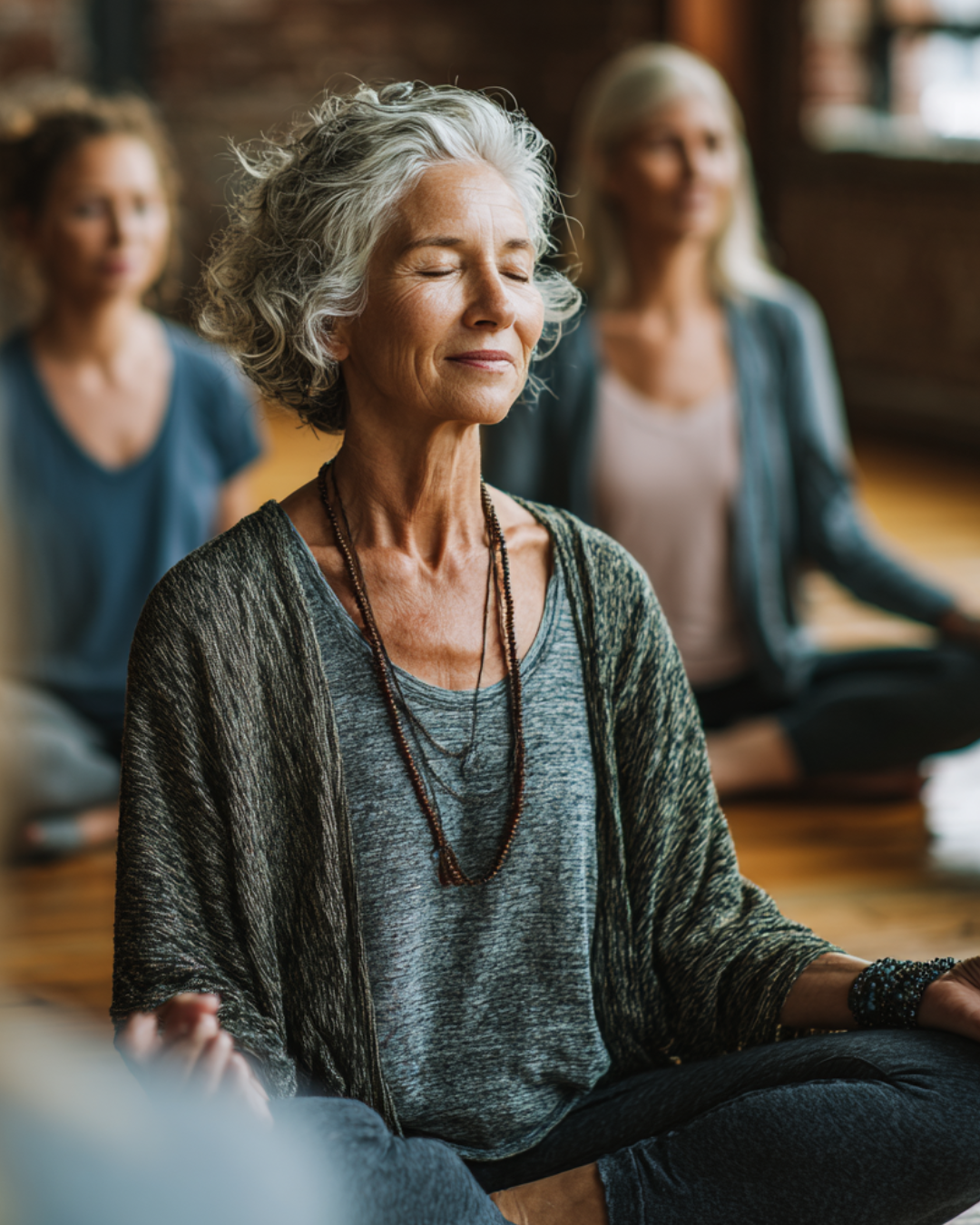 A group of women in a meditation class