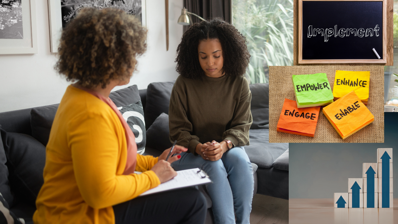 A therapist with a younger client; images of implementation, empower, and enhancement.