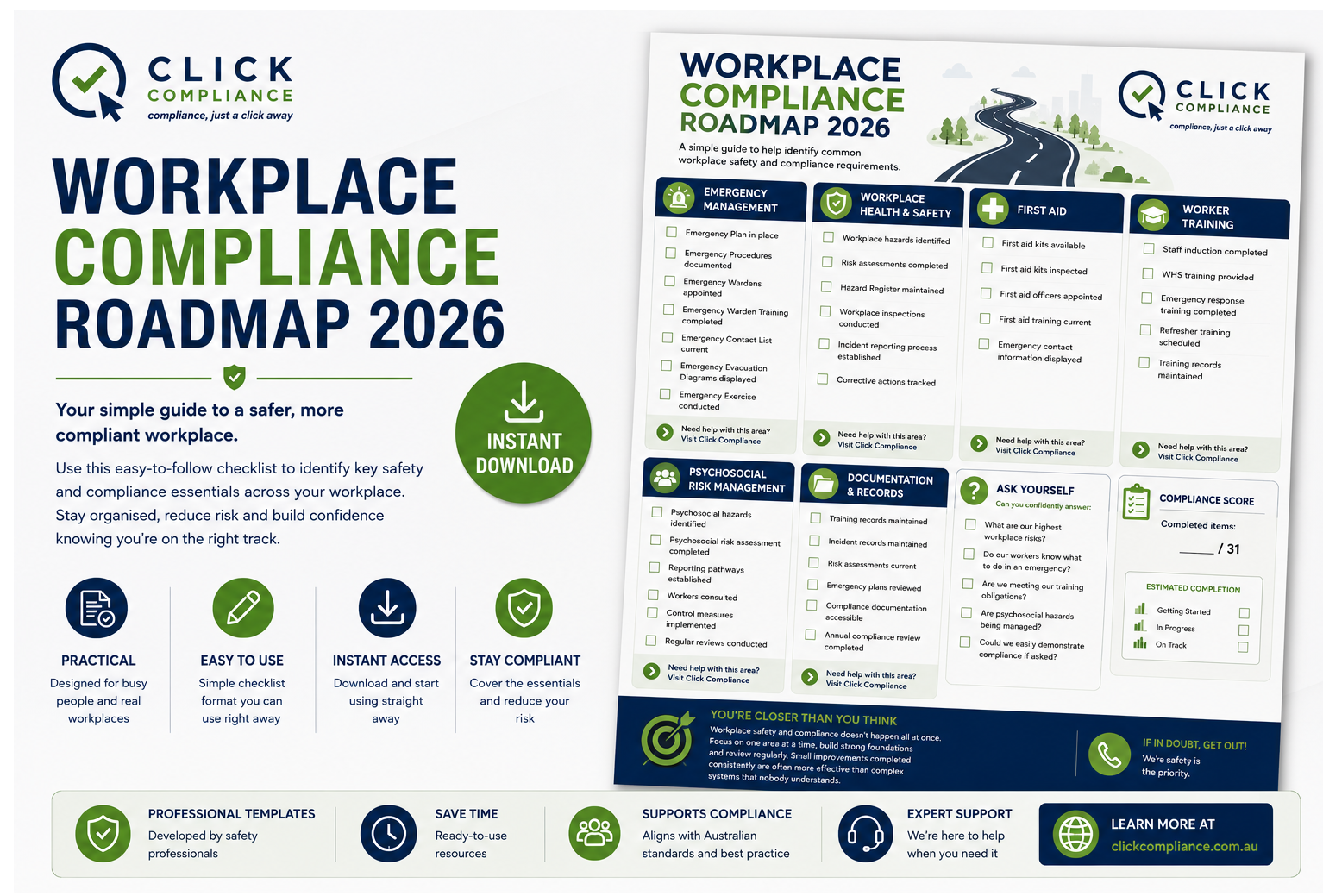 Workplace Compliance Roadmap 2026 checklist helping businesses identify workplace safety, emergency management, training, psychosocial risk and compliance requirements.