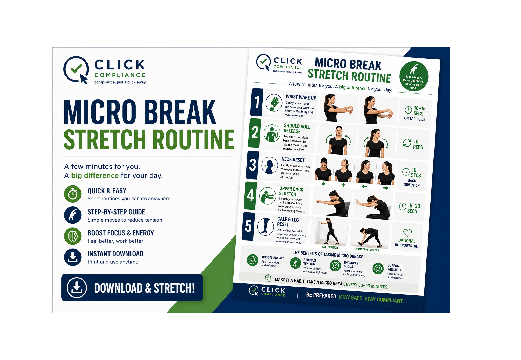 Employee performing a microbreak stretch routine designed to improve workplace wellbeing, reduce fatigue and support healthy working from home and office environments.