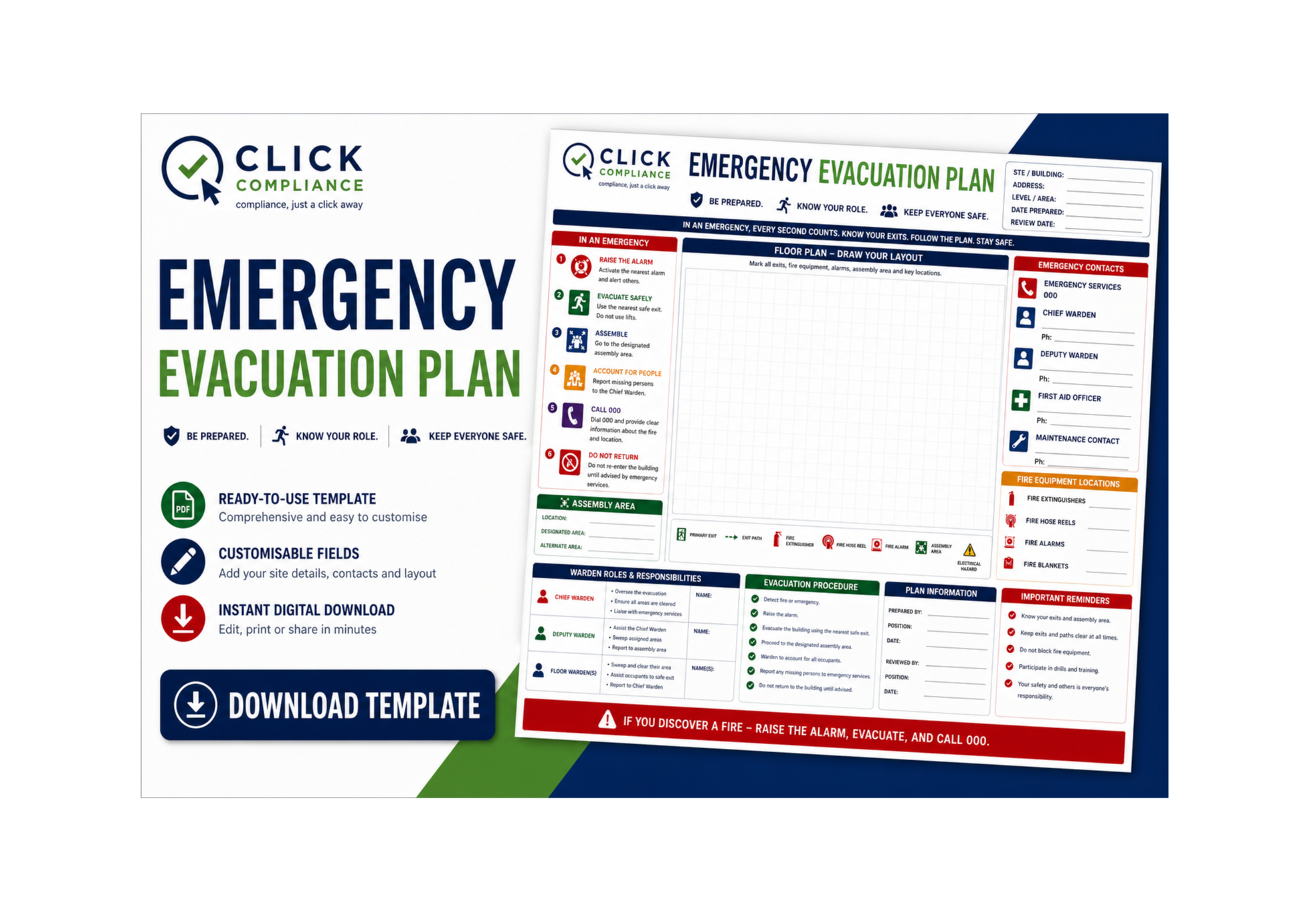 Editable Emergency Evacuation Plan template for workplace emergency planning, evacuation procedures, assembly areas and emergency preparedness.