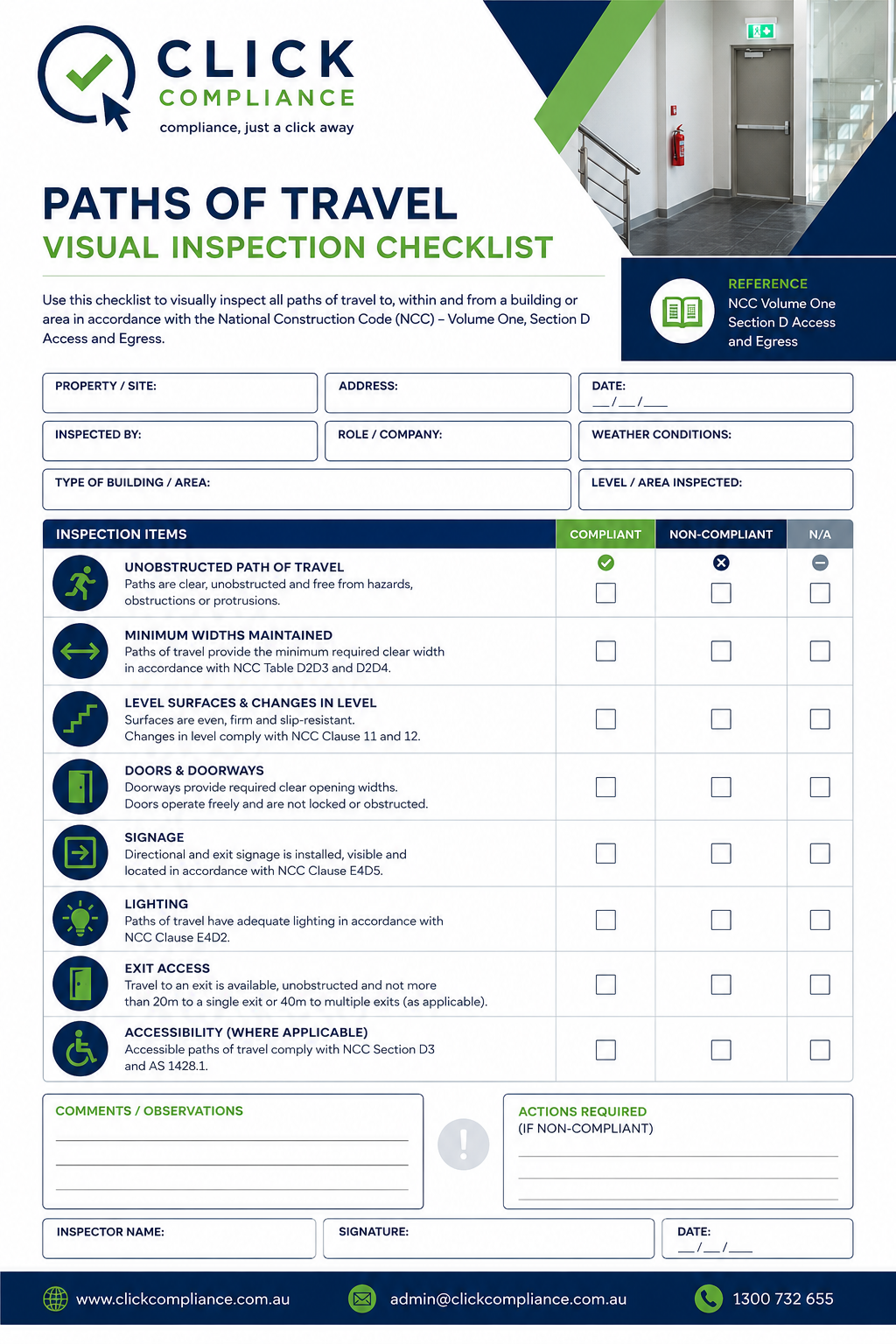 Paths of Travel Visual Inspection Checklist for identifying obstructions, trip hazards and access issues to support safe workplace evacuation and compliance.