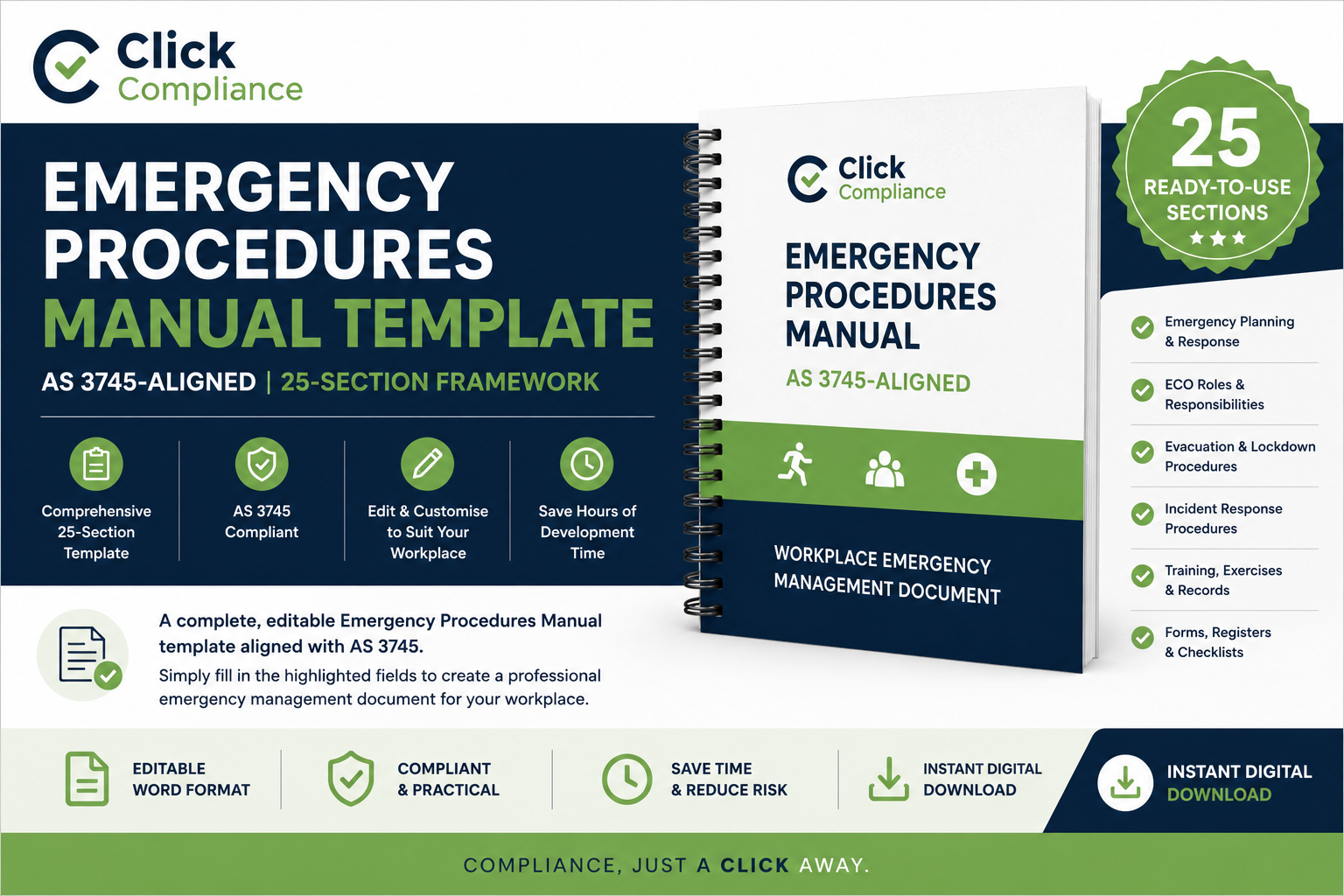 Emergency Procedures Manual template for workplace emergency management, emergency response planning, evacuation procedures and AS 3745 compliance.