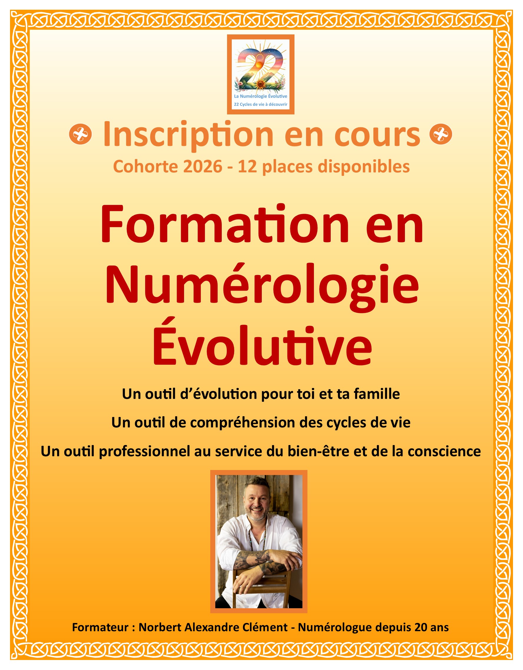 La formation en numérologie évolutive vous propose de découvrir une discipline fascinante qui combine les principes traditionnels de la numérologie avec une approche moderne et dynamique. Elle vise à étudier et comprendre les différentes influences et énergies contenues à l’intérieur des 22 grands nombres porteurs de sagesses et de consciences.   En étudiant la numérologie évolutive, vous développez une plus grande conscience de votre Soi et de l’univers social qui vous entoure. Par la pratique de cet art, vous favorisez grandement votre développement personnel, professionnel et spirituel.  À la base de la numérologie évolutive se trouve l'idée que chaque nombre possède une vibration unique qui peut influencer divers aspects de votre existence. En analysant les nombres associés à votre date de naissance et à votre anniversaire à chaque année, vous pouvez obtenir des pistes d’inspiration qui augmentent immensément la compréhension de votre vie tout autant que le développement de votre personnalité.   Bref, la formation en numérologie évolutive vous donne accès à une méthode puissante pour explorer et comprendre les énergies qui façonnent votre vie. En intégrant ses principes dans votre quotidien, vous pouvez ouvrir la porte à une vie plus épanouissante et alignée avec votre véritable essence.      Cette formation est un programme complet d’étude de la Numérologie évolutive visant à obtenir le diplôme de Praticien en Numérologie évolutive émis par le Centre de Formation en Numérologie évolutive de Magog dans la province de Québec. Le diplôme permet de pratiquer avec reconnaissance professionnelle les professions suivantes : Praticien(ne) en Numérologie évolutive, Numérologue, Consultant(e) en développement personnel et spirituel.