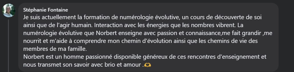 Je suis actuellement la formation de numérologie évolutive, un cours de découverte de soi ainsi que de l’agir humain. Interaction avec les énergies que les nombres vibrent. La numérologie évolutive que Norbert enseigne avec passion et connaissance,me fait grandir ,me nourrit et m’aide à comprendre mon chemin d’évolution ainsi que les chemins de vie des membres de ma famille. Norbert est un homme passionné disponible généreux de ces rencontres d’enseignement et nous transmet son savoir avec brio et amour .
