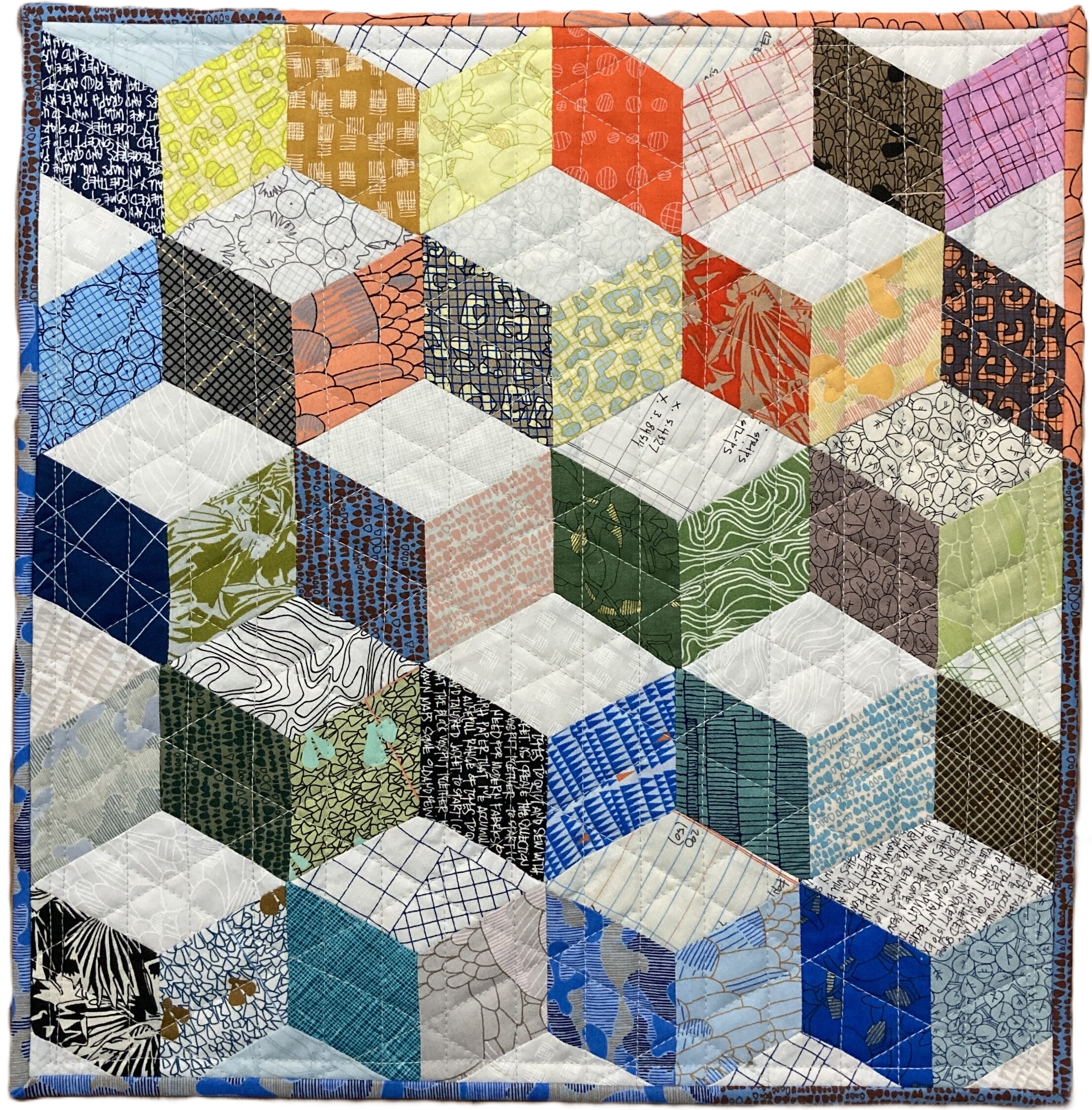 tumbling block quilt, zoomed in, made from Carolyn Friedlander fabrics