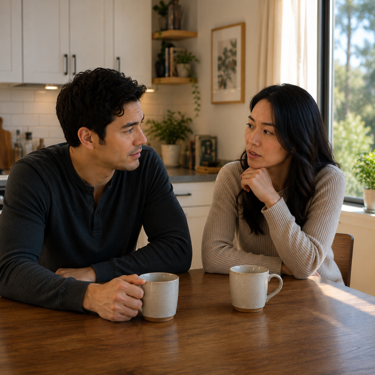 Couple sitting together at a kitchen table having a thoughtful conversation, reflecting on relationship challenges and understanding one another.