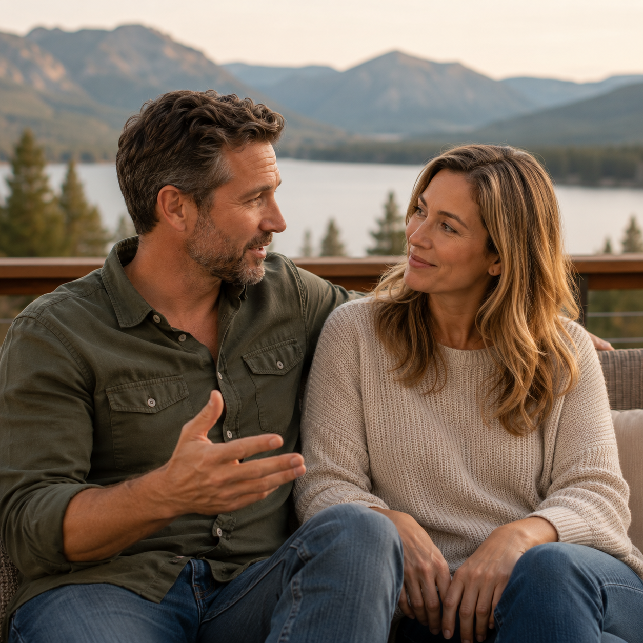 Middle-aged couple sitting together on a deck overlooking a lake and mountains, sharing conversation, connection, and a vision for the future.