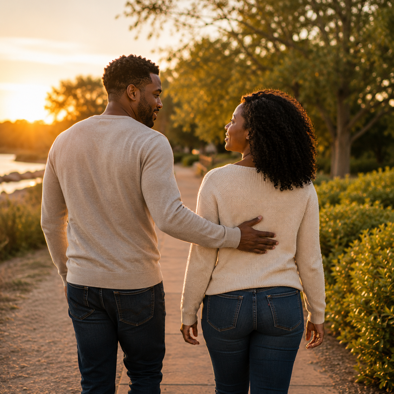 Couple walking together along a sunlit path with the husband's hand gently resting on his wife's back, symbolizing repair, trust, and moving forward together.