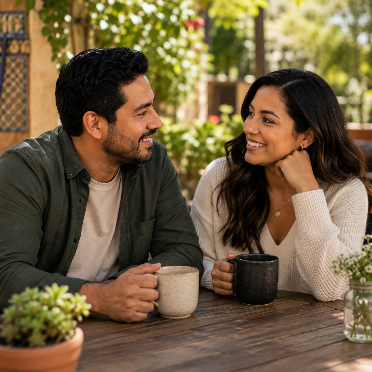 Couple sitting together on an outdoor patio, sharing coffee and engaged in warm conversation in a relaxed and emotionally safe environment.