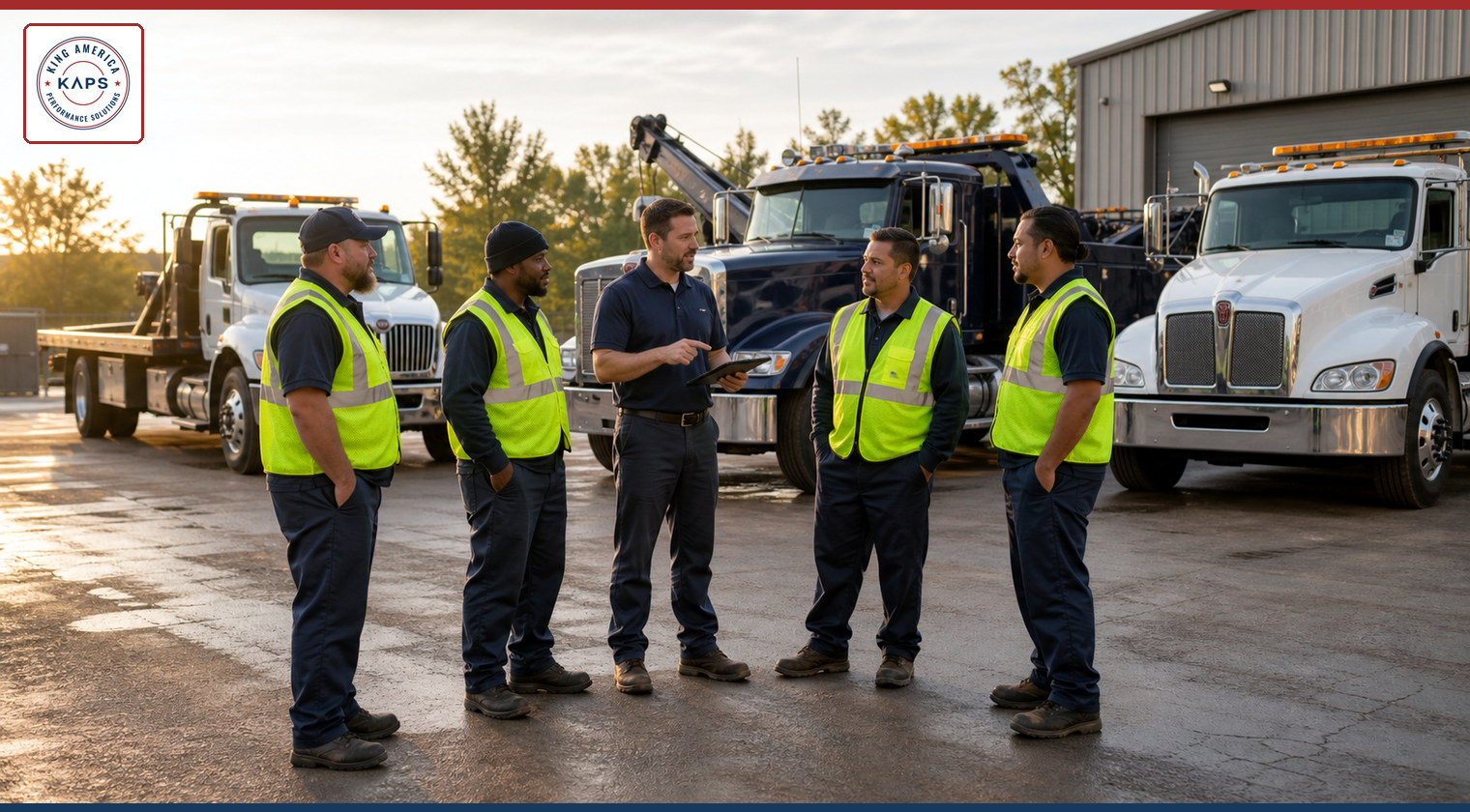Illustration of a towing manager briefing a team beside tow trucks