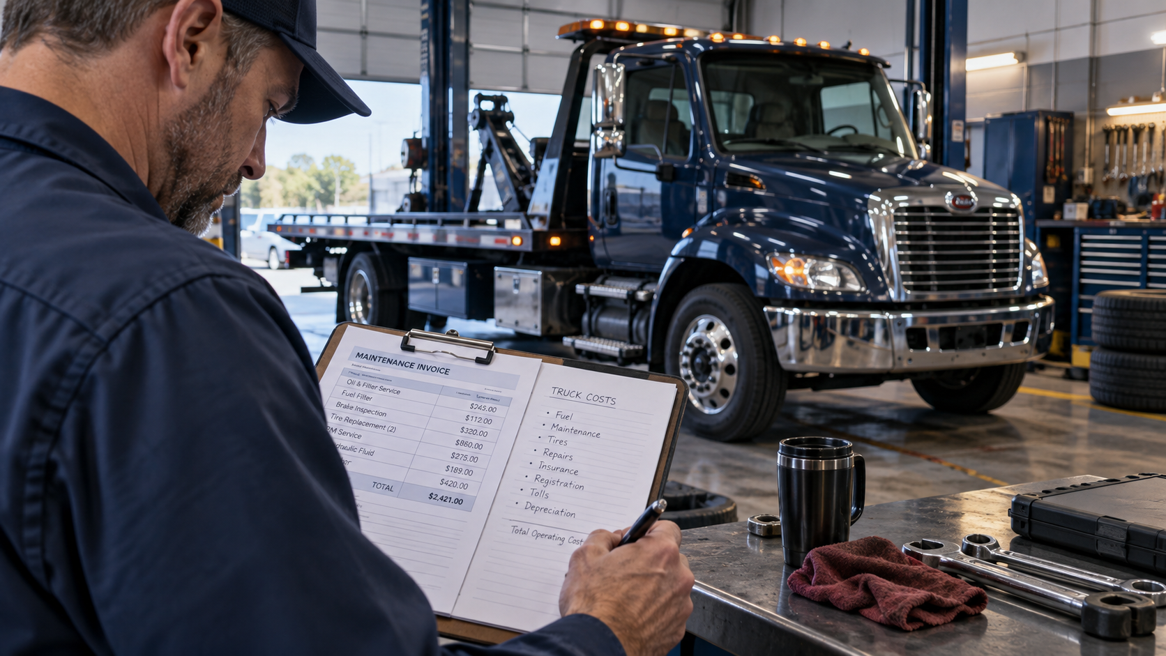 Fleet manager reviewing the real operating costs of a rollback tow truck.